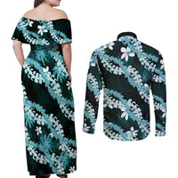 Puakenikeni Maile Lei Couples Matching Off Shoulder Maxi Dress and Long Sleeve Button Shirt Frangipani Turquoise Tropical Leaves