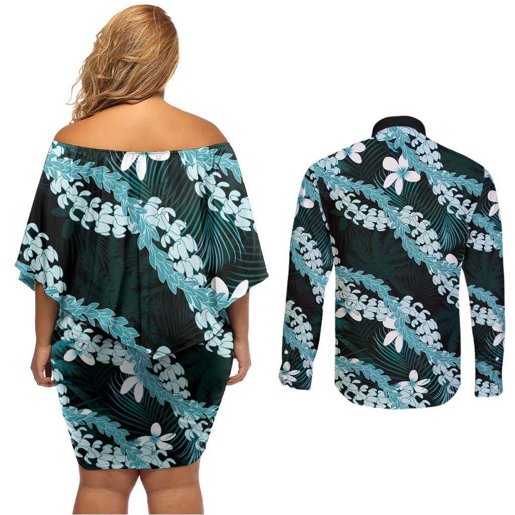 Puakenikeni Maile Lei Couples Matching Off Shoulder Short Dress and Long Sleeve Button Shirt Frangipani Turquoise Tropical Leaves LT01 - Polynesian Pride