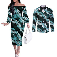 Puakenikeni Maile Lei Couples Matching Off The Shoulder Long Sleeve Dress and Long Sleeve Button Shirt Frangipani Turquoise Tropical Leaves