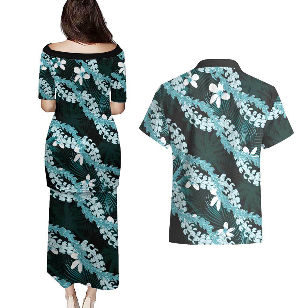 Puakenikeni Maile Lei Couples Matching Puletasi and Hawaiian Shirt Frangipani Turquoise Tropical Leaves