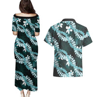 Puakenikeni Maile Lei Couples Matching Puletasi and Hawaiian Shirt Frangipani Turquoise Tropical Leaves