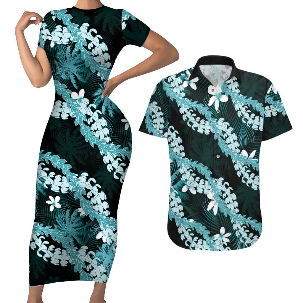 Puakenikeni Maile Lei Couples Matching Short Sleeve Bodycon Dress and Hawaiian Shirt Frangipani Turquoise Tropical Leaves LT01 Turquoise - Polynesian Pride