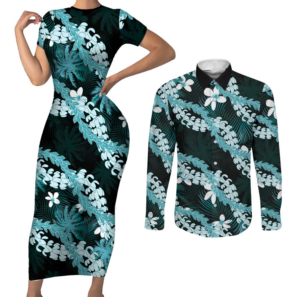 Puakenikeni Maile Lei Couples Matching Short Sleeve Bodycon Dress and Long Sleeve Button Shirt Frangipani Turquoise Tropical Leaves