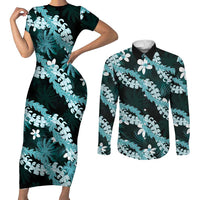 Puakenikeni Maile Lei Couples Matching Short Sleeve Bodycon Dress and Long Sleeve Button Shirt Frangipani Turquoise Tropical Leaves