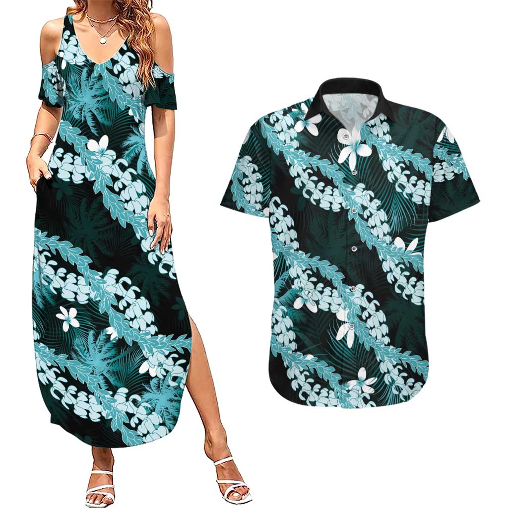 Puakenikeni Maile Lei Couples Matching Summer Maxi Dress and Hawaiian Shirt Frangipani Turquoise Tropical Leaves