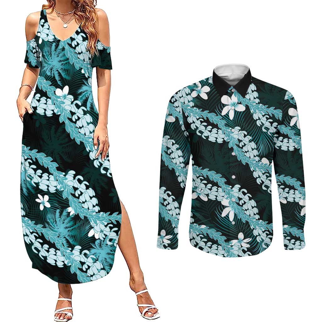 Puakenikeni Maile Lei Couples Matching Summer Maxi Dress and Long Sleeve Button Shirt Frangipani Turquoise Tropical Leaves