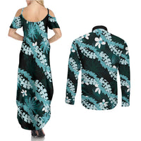 Puakenikeni Maile Lei Couples Matching Summer Maxi Dress and Long Sleeve Button Shirt Frangipani Turquoise Tropical Leaves