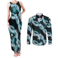 Puakenikeni Maile Lei Couples Matching Tank Maxi Dress and Long Sleeve Button Shirt Frangipani Turquoise Tropical Leaves