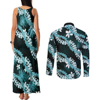 Puakenikeni Maile Lei Couples Matching Tank Maxi Dress and Long Sleeve Button Shirt Frangipani Turquoise Tropical Leaves