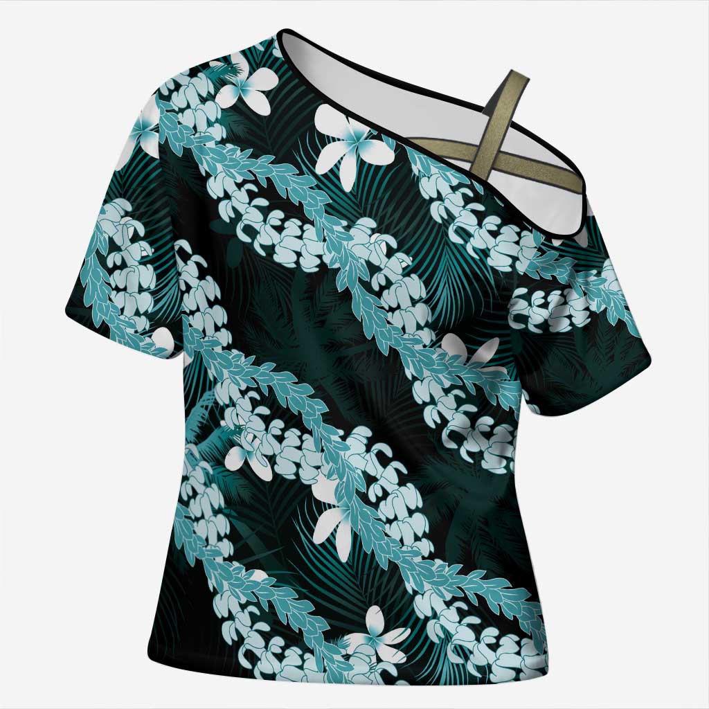 Puakenikeni Maile Lei Cross Shoulder Shirt Frangipani Turquoise Tropical Leaves LT01 Female Turquoise - Polynesian Pride