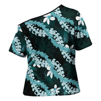 Puakenikeni Maile Lei Cross Shoulder Shirt Frangipani Turquoise Tropical Leaves LT01 - Polynesian Pride