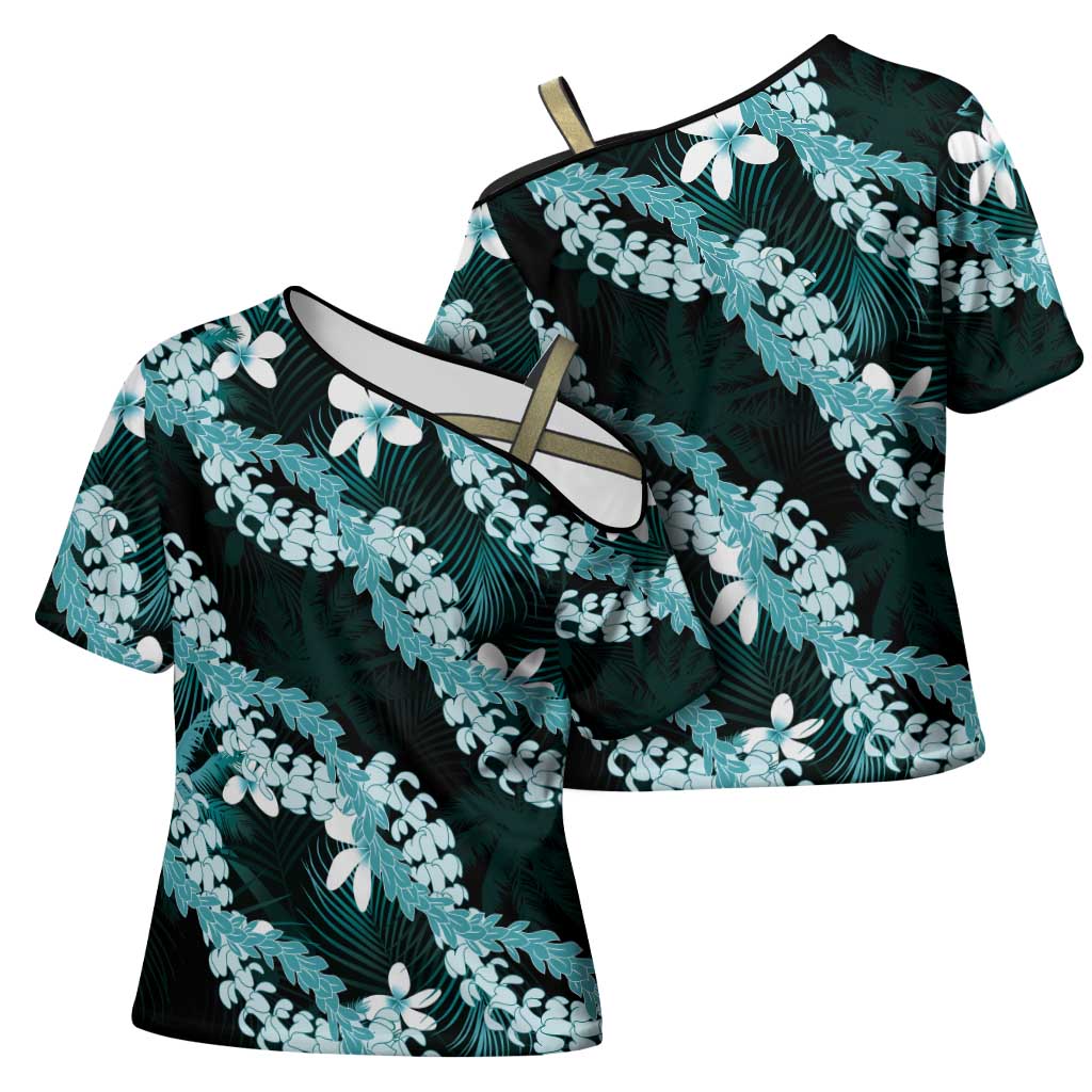 Puakenikeni Maile Lei Cross Shoulder Shirt Frangipani Turquoise Tropical Leaves LT01 - Polynesian Pride