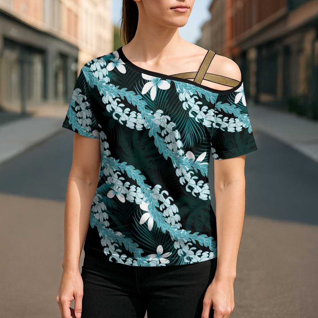 Puakenikeni Maile Lei Cross Shoulder Shirt Frangipani Turquoise Tropical Leaves LT01 - Polynesian Pride