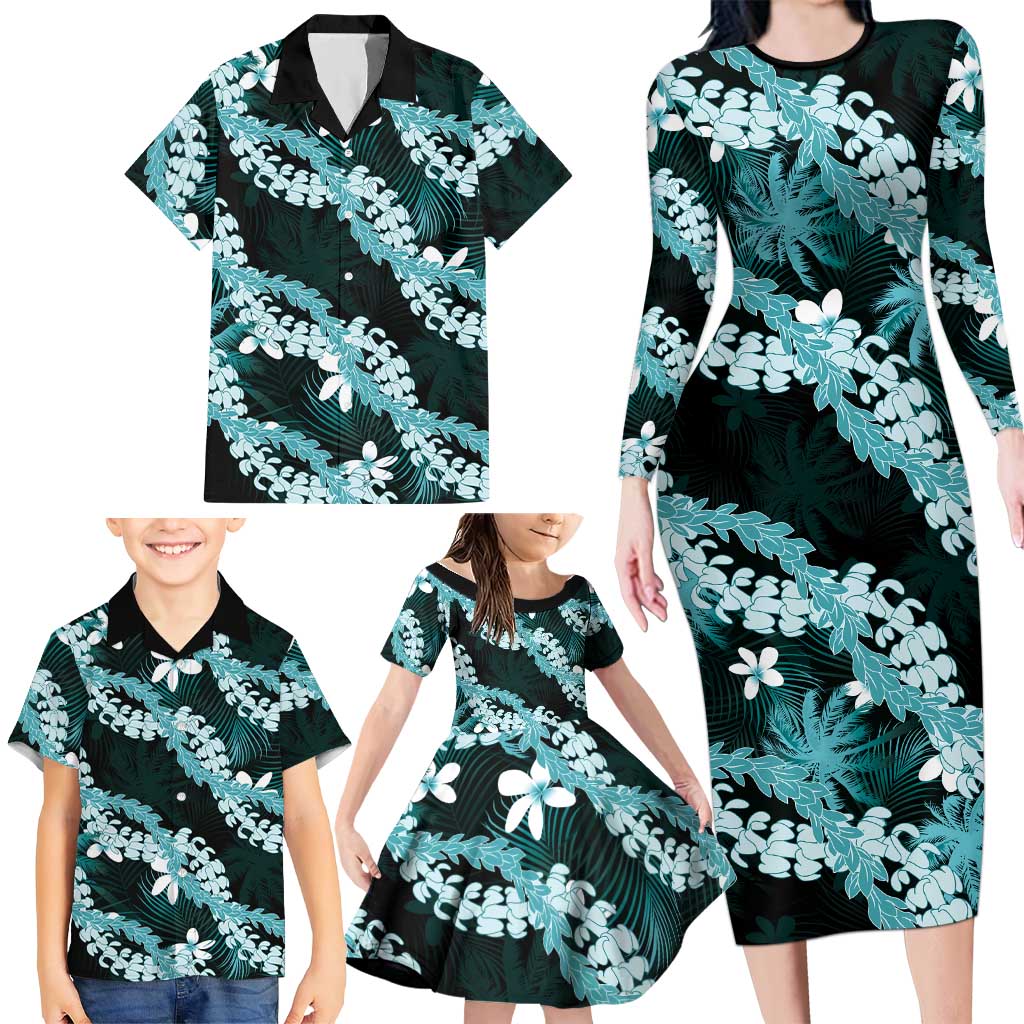 Puakenikeni Maile Lei Family Matching Long Sleeve Bodycon Dress and Hawaiian Shirt Frangipani Turquoise Tropical Leaves LT01 - Polynesian Pride