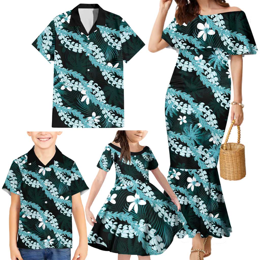 Puakenikeni Maile Lei Family Matching Mermaid Dress and Hawaiian Shirt Frangipani Turquoise Tropical Leaves LT01 - Polynesian Pride