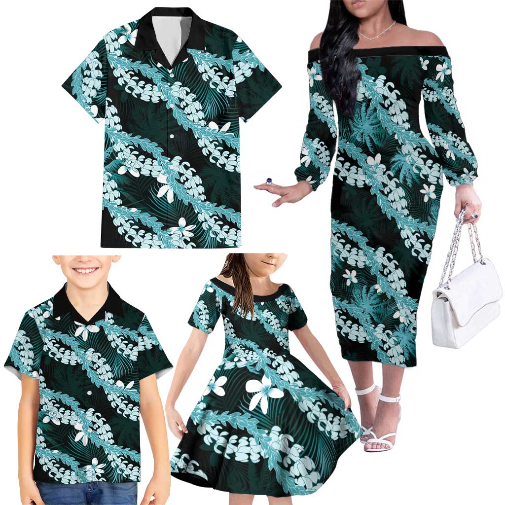 Puakenikeni Maile Lei Family Matching Off The Shoulder Long Sleeve Dress and Hawaiian Shirt Frangipani Turquoise Tropical Leaves LT01 - Polynesian Pride