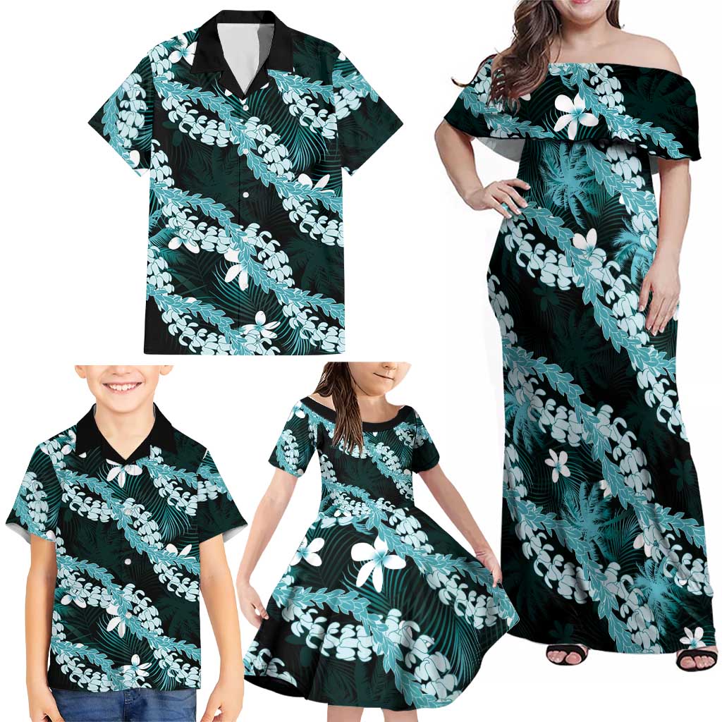 Puakenikeni Maile Lei Family Matching Off Shoulder Maxi Dress and Hawaiian Shirt Frangipani Turquoise Tropical Leaves LT01 - Polynesian Pride