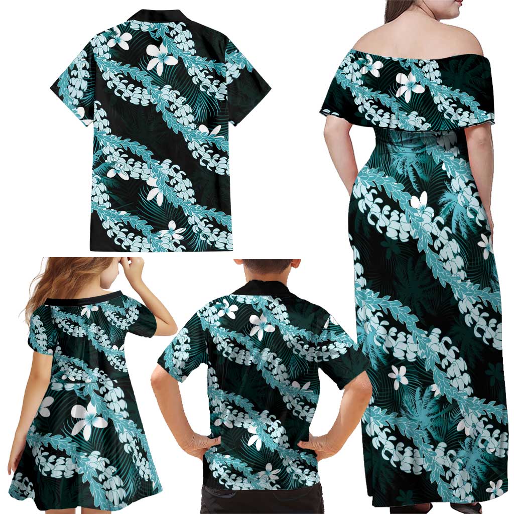 Puakenikeni Maile Lei Family Matching Off Shoulder Maxi Dress and Hawaiian Shirt Frangipani Turquoise Tropical Leaves LT01 - Polynesian Pride