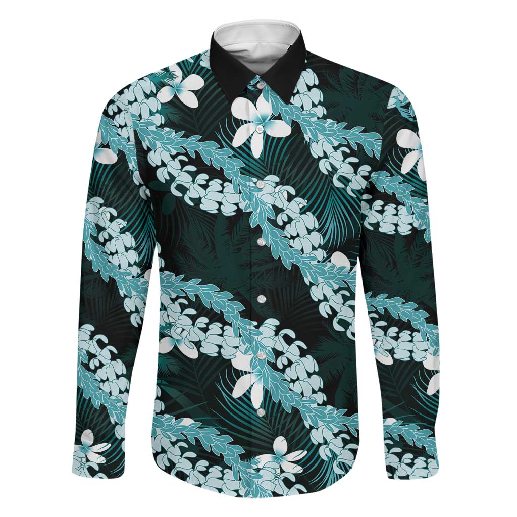 Puakenikeni Maile Lei Family Matching Off Shoulder Maxi Dress and Hawaiian Shirt Frangipani Turquoise Tropical Leaves LT01 Dad's Shirt - Long Sleeve Turquoise - Polynesian Pride
