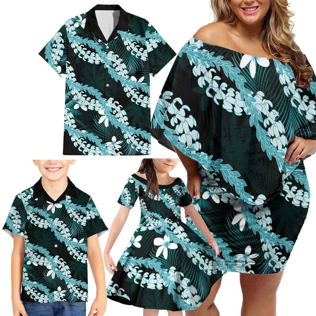 Puakenikeni Maile Lei Family Matching Off Shoulder Short Dress and Hawaiian Shirt Frangipani Turquoise Tropical Leaves