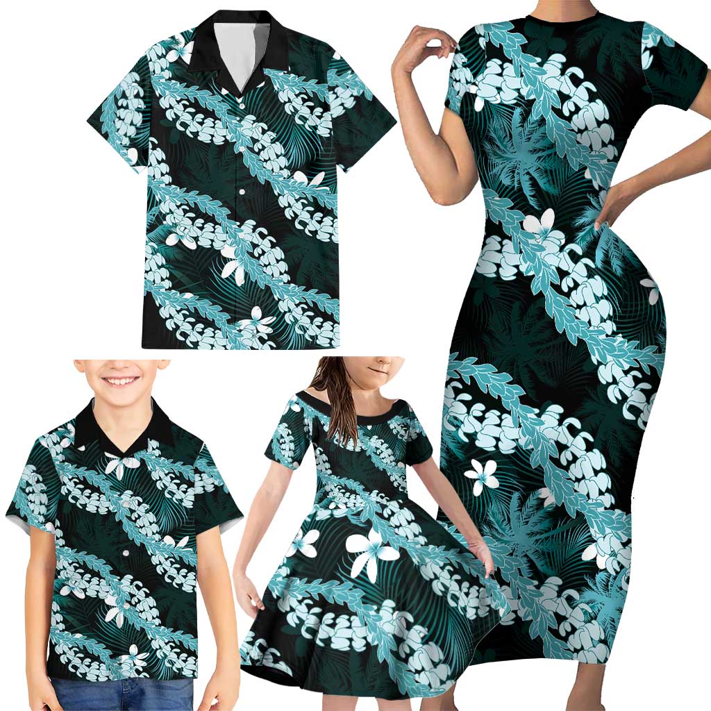 Puakenikeni Maile Lei Family Matching Short Sleeve Bodycon Dress and Hawaiian Shirt Frangipani Turquoise Tropical Leaves