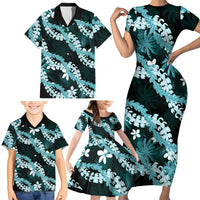 Puakenikeni Maile Lei Family Matching Short Sleeve Bodycon Dress and Hawaiian Shirt Frangipani Turquoise Tropical Leaves LT01 - Polynesian Pride