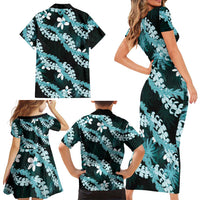 Puakenikeni Maile Lei Family Matching Short Sleeve Bodycon Dress and Hawaiian Shirt Frangipani Turquoise Tropical Leaves LT01 - Polynesian Pride