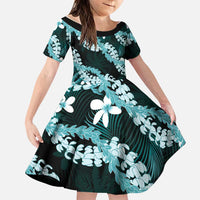 Puakenikeni Maile Lei Family Matching Summer Maxi Dress and Hawaiian Shirt Frangipani Turquoise Tropical Leaves LT01 Daughter's Dress Turquoise - Polynesian Pride