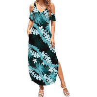 Puakenikeni Maile Lei Family Matching Summer Maxi Dress and Hawaiian Shirt Frangipani Turquoise Tropical Leaves LT01 Mom's Dress Turquoise - Polynesian Pride