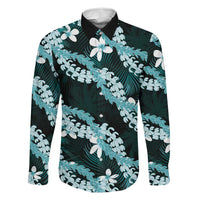 Puakenikeni Maile Lei Family Matching Tank Maxi Dress and Hawaiian Shirt Frangipani Turquoise Tropical Leaves LT01 Dad's Shirt - Long Sleeve Turquoise - Polynesian Pride