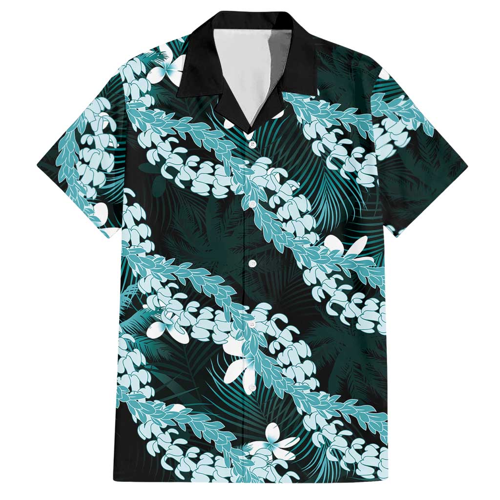Puakenikeni Maile Lei Hawaiian Shirt Frangipani Turquoise Tropical Leaves