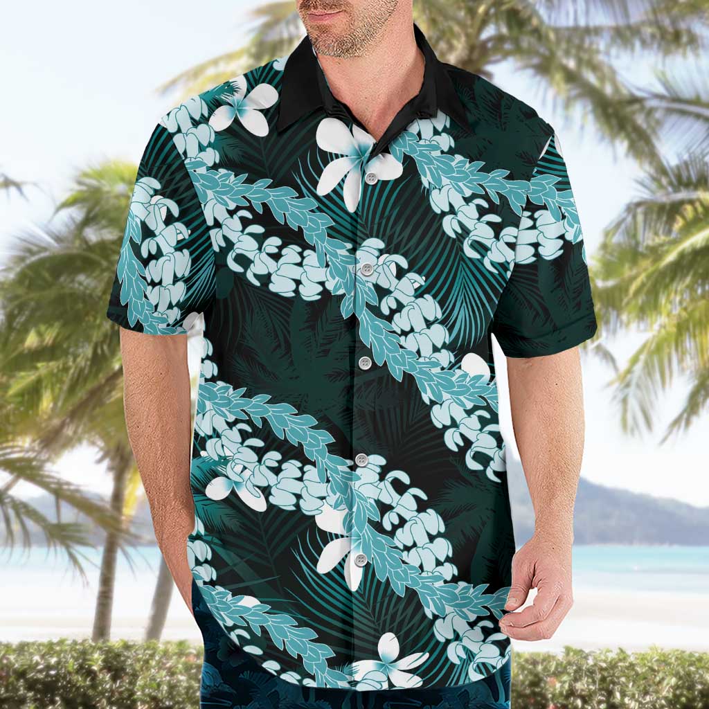 Puakenikeni Maile Lei Hawaiian Shirt Frangipani Turquoise Tropical Leaves