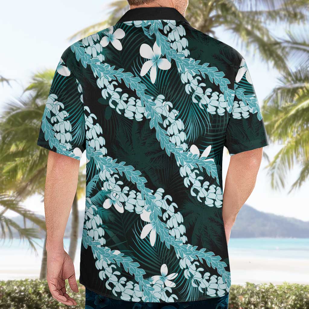 Puakenikeni Maile Lei Hawaiian Shirt Frangipani Turquoise Tropical Leaves