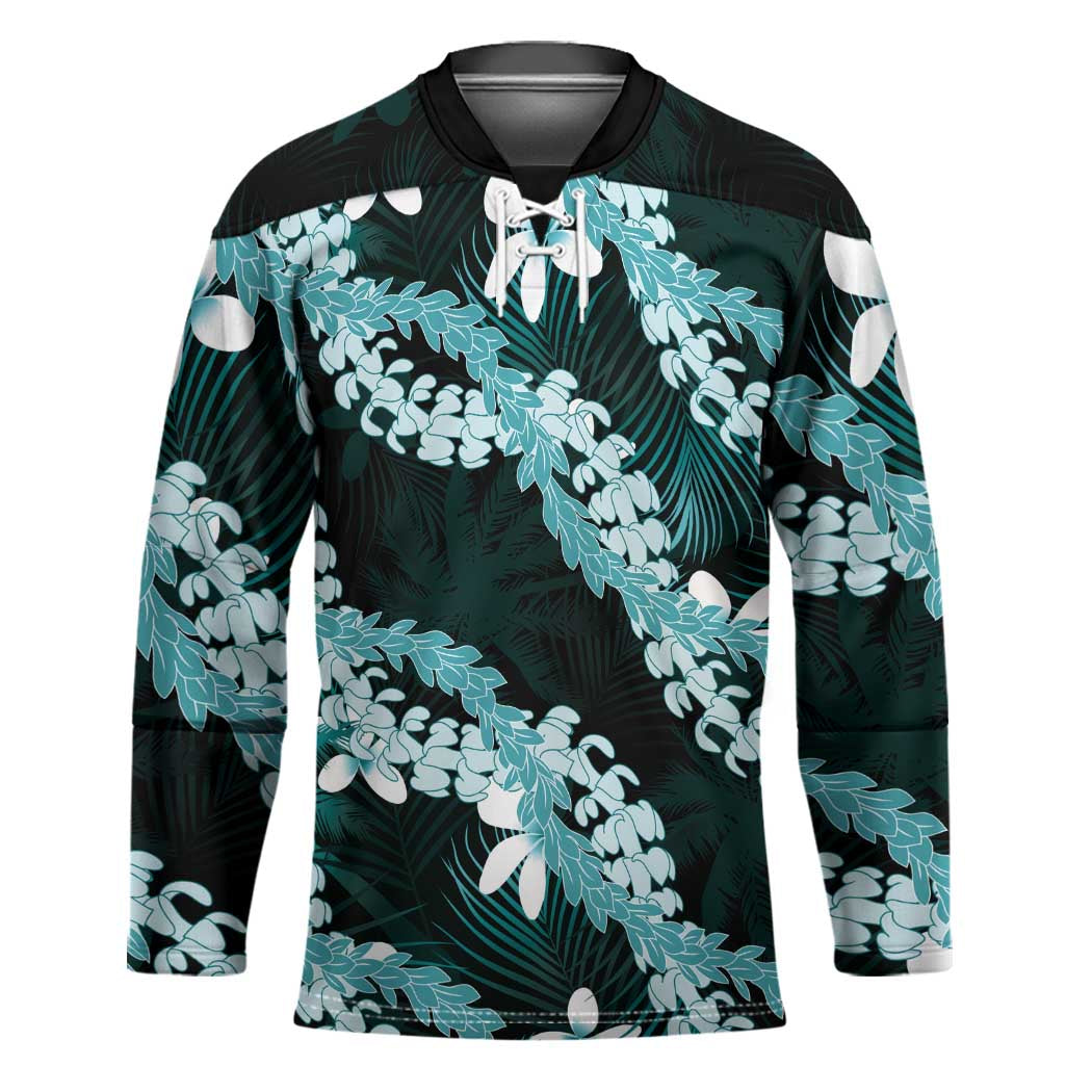 Puakenikeni Maile Lei Hockey Jersey Frangipani Turquoise Tropical Leaves LT01 Unisex Turquoise - Polynesian Pride