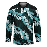 Puakenikeni Maile Lei Hockey Jersey Frangipani Turquoise Tropical Leaves LT01 Unisex Turquoise - Polynesian Pride