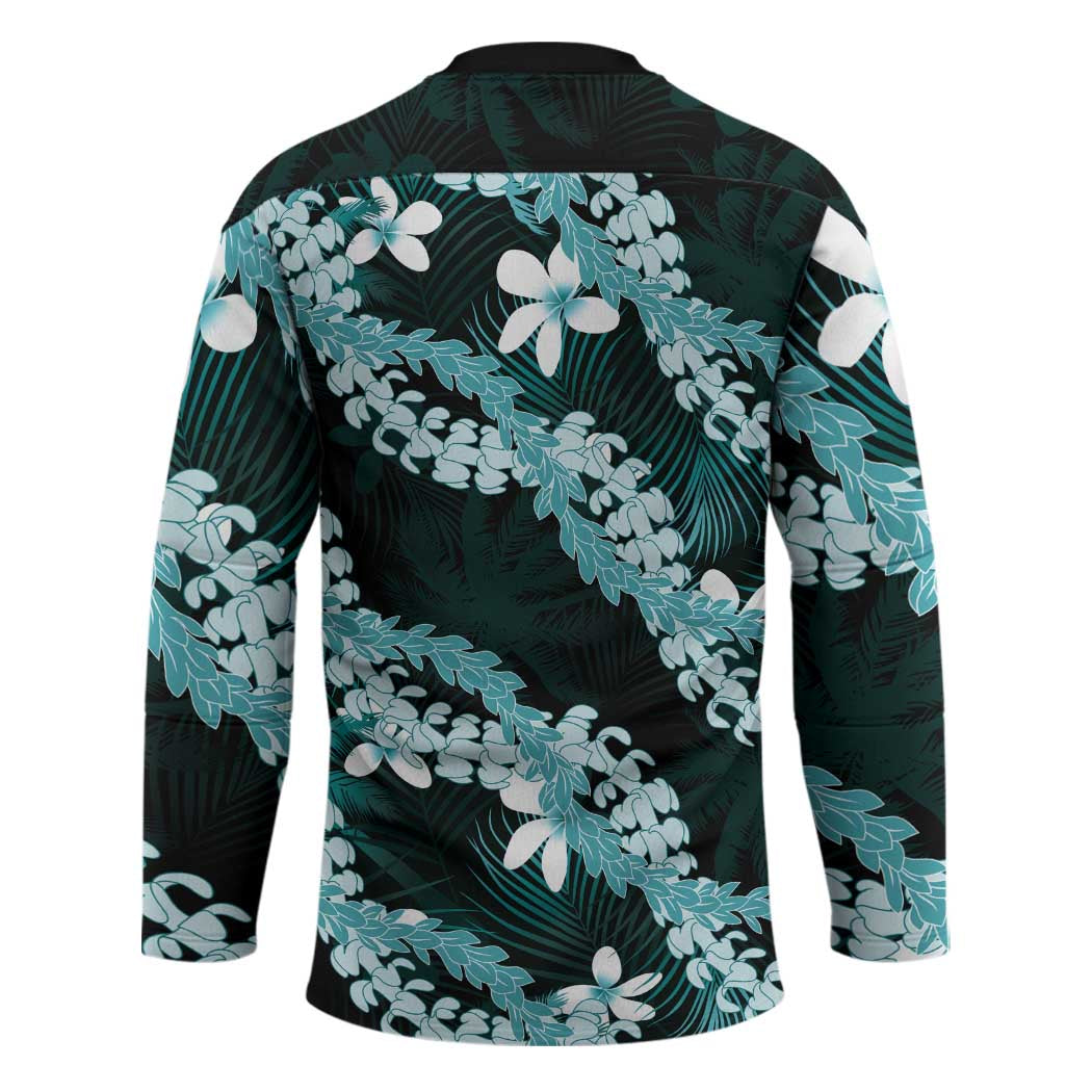 Puakenikeni Maile Lei Hockey Jersey Frangipani Turquoise Tropical Leaves LT01 - Polynesian Pride