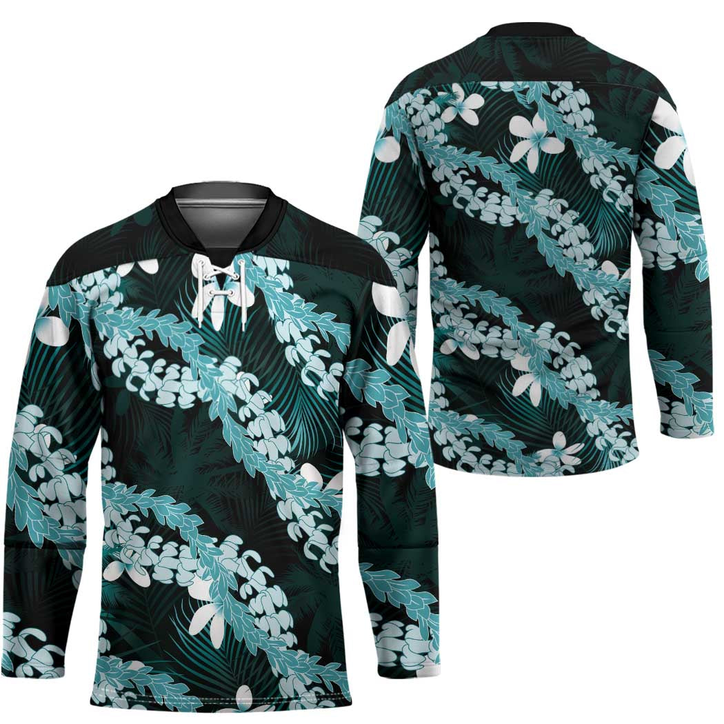 Puakenikeni Maile Lei Hockey Jersey Frangipani Turquoise Tropical Leaves LT01 - Polynesian Pride
