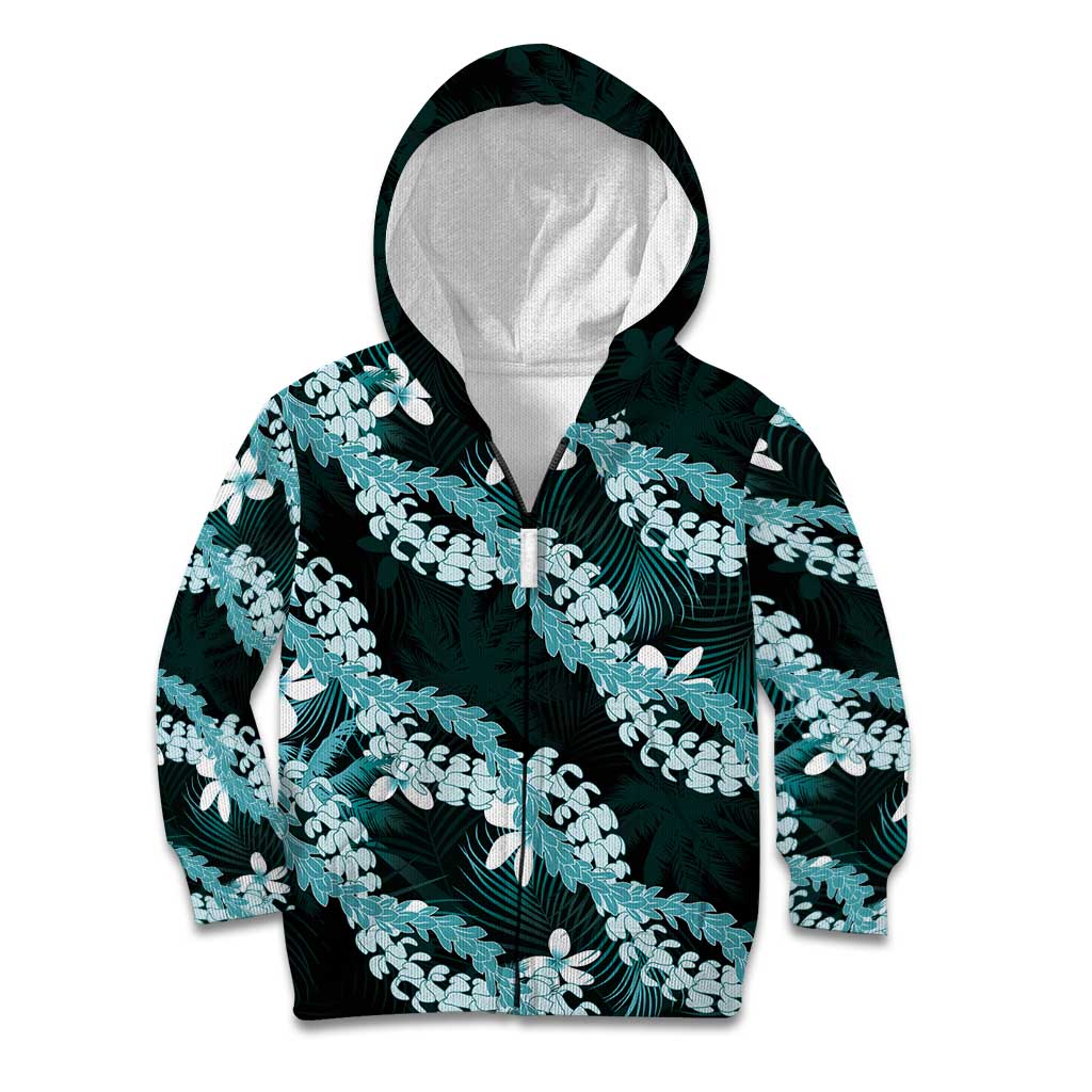 Puakenikeni Maile Lei Kid Hoodie Frangipani Turquoise Tropical Leaves LT01 Zip Hoodie Turquoise - Polynesian Pride
