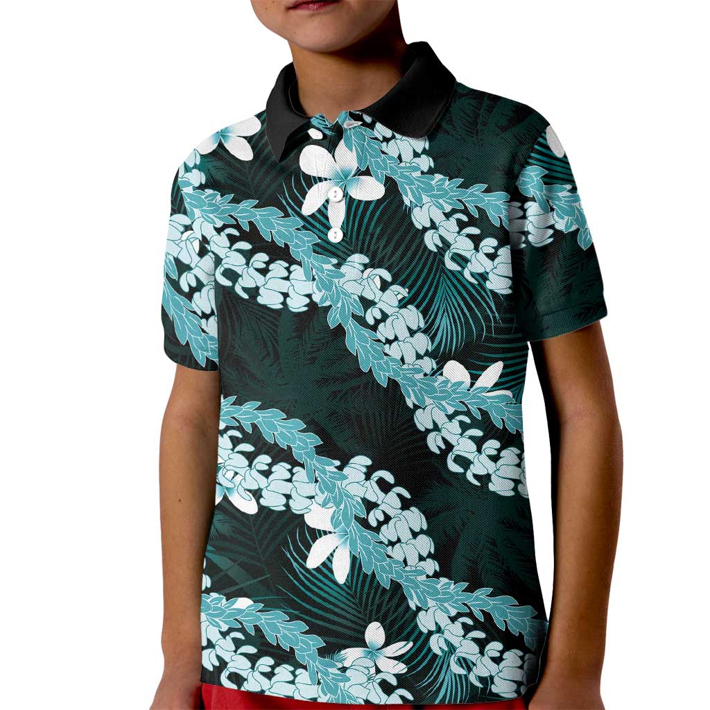 Puakenikeni Maile Lei Kid Polo Shirt Frangipani Turquoise Tropical Leaves