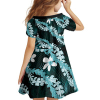 Puakenikeni Maile Lei Kid Short Sleeve Dress Frangipani Turquoise Tropical Leaves LT01 - Polynesian Pride