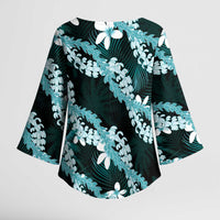 Puakenikeni Maile Lei Kimono Sleeve Blouse Frangipani Turquoise Tropical Leaves