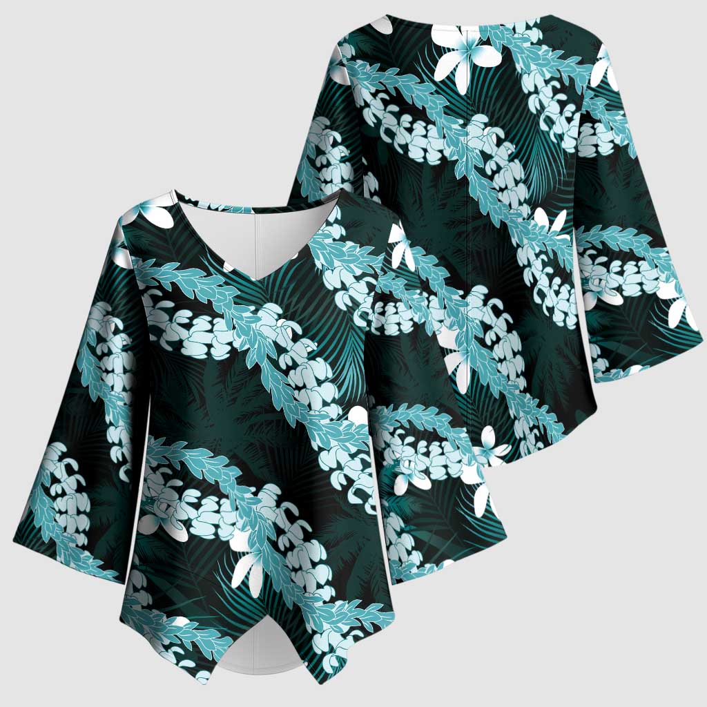 Puakenikeni Maile Lei Kimono Sleeve Blouse Frangipani Turquoise Tropical Leaves
