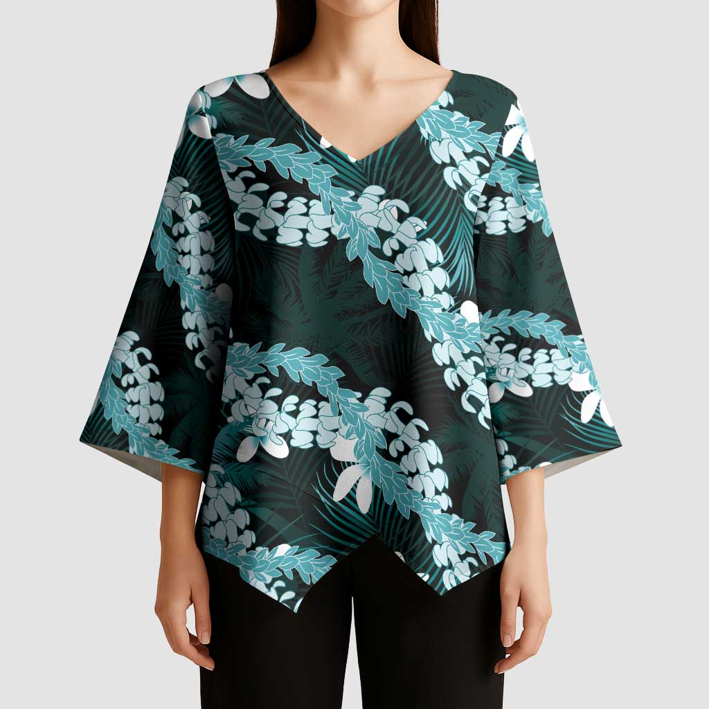 Puakenikeni Maile Lei Kimono Sleeve Blouse Frangipani Turquoise Tropical Leaves