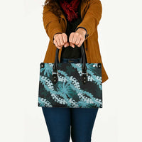 Puakenikeni Maile Lei Leather Bag Frangipani Turquoise Tropical Leaves