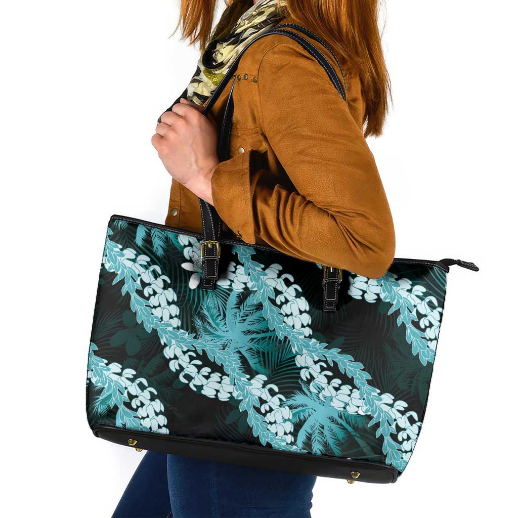 Puakenikeni Maile Lei Leather Tote Bag Frangipani Turquoise Tropical Leaves