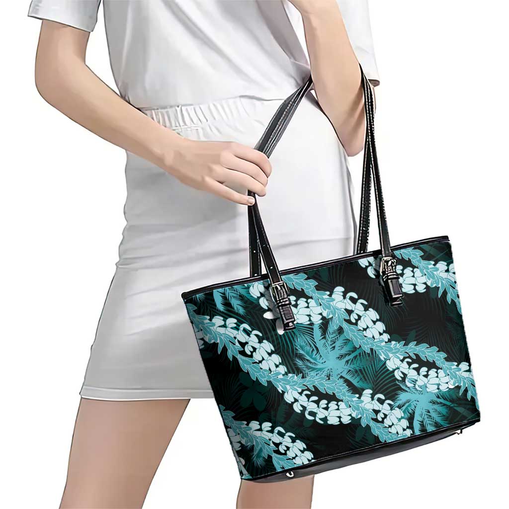 Puakenikeni Maile Lei Leather Tote Bag Frangipani Turquoise Tropical Leaves
