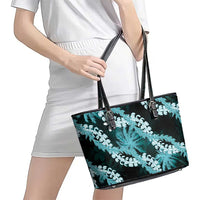 Puakenikeni Maile Lei Leather Tote Bag Frangipani Turquoise Tropical Leaves
