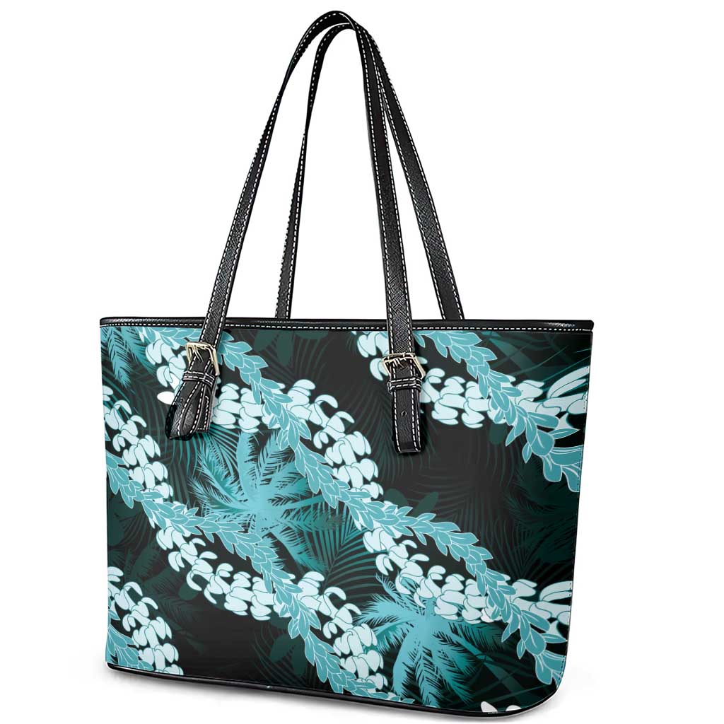 Puakenikeni Maile Lei Leather Tote Bag Frangipani Turquoise Tropical Leaves