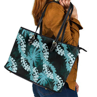 Puakenikeni Maile Lei Leather Tote Bag Frangipani Turquoise Tropical Leaves