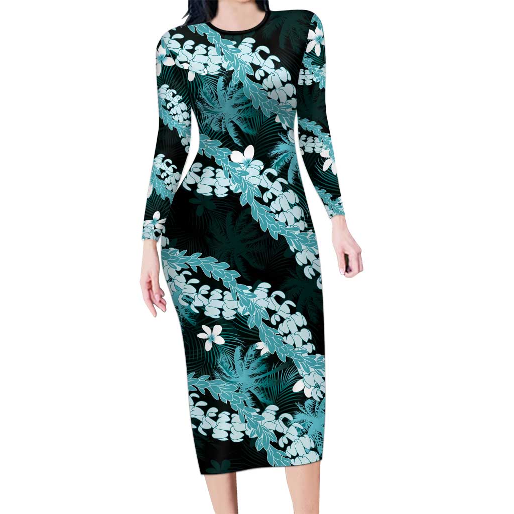 Puakenikeni Maile Lei Long Sleeve Bodycon Dress Frangipani Turquoise Tropical Leaves
